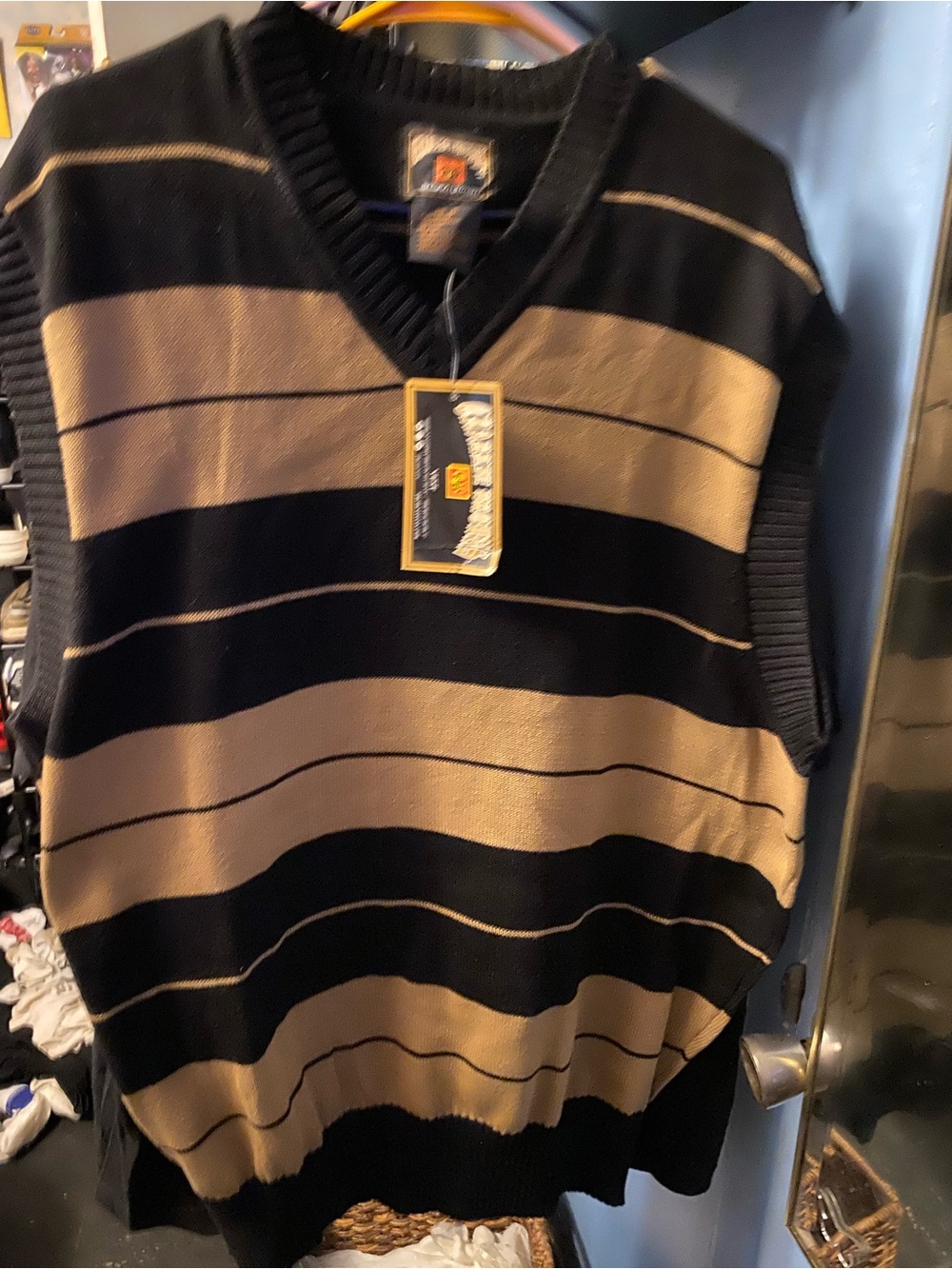 Striped V-Neck Sweater Vest in Black and Tan